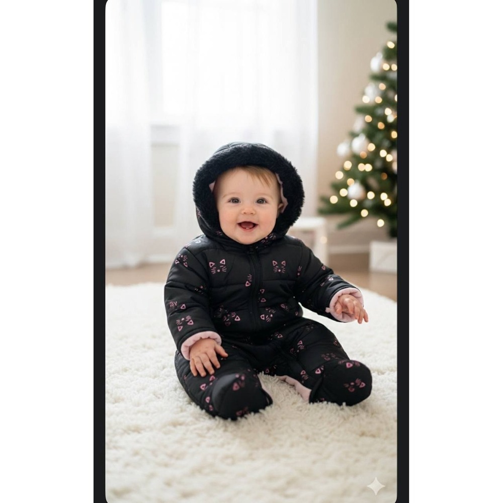 NEW WIPPETTE KIDS Infant Snowsuit 0-3 Months Black‎ Pink Cats Kitty